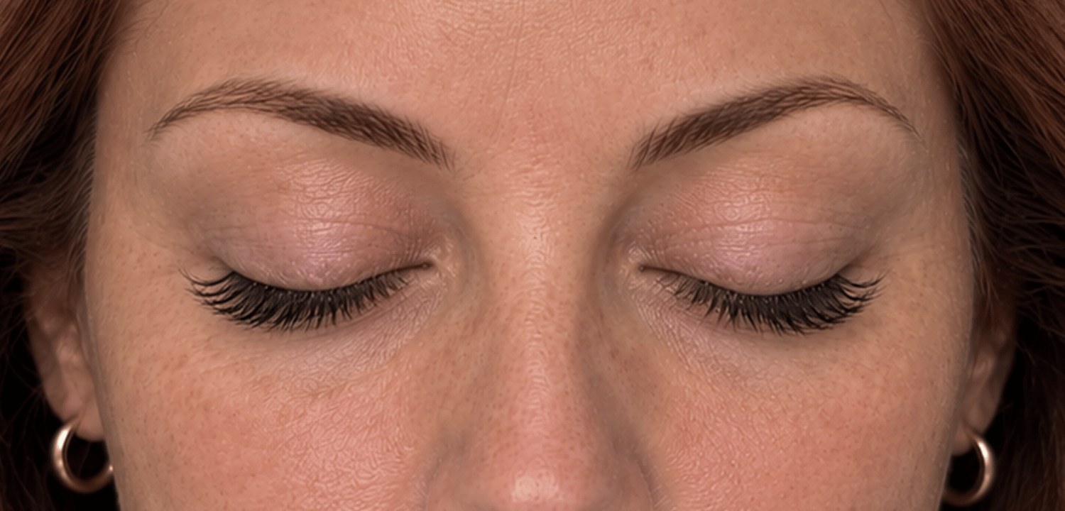 Red-haired client with lash extensions